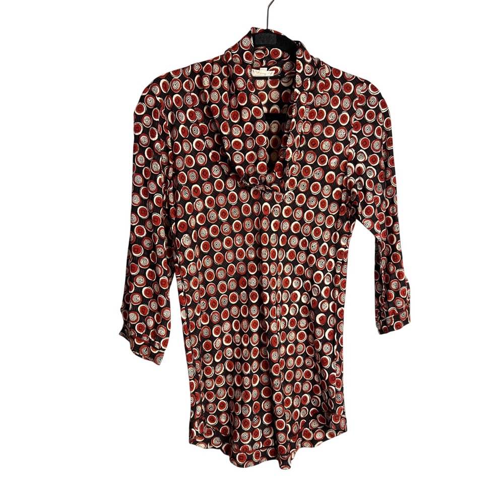 Anokhi Blouse Size Small Red Geometric Circle Cowl Neck 3/4 Sleeve‎ Boho Top NEW